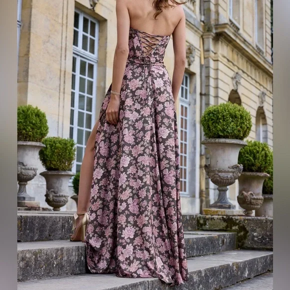 V. Chapman The Cecilia Dress Chocolate Peony Print Size 12 Pink Corset Back NEW - Picture 4 of 7